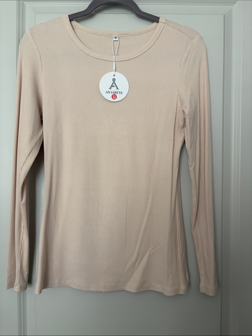 ANRABESS Women's Long Sleeve Ribbed Crewneck Top - Beige